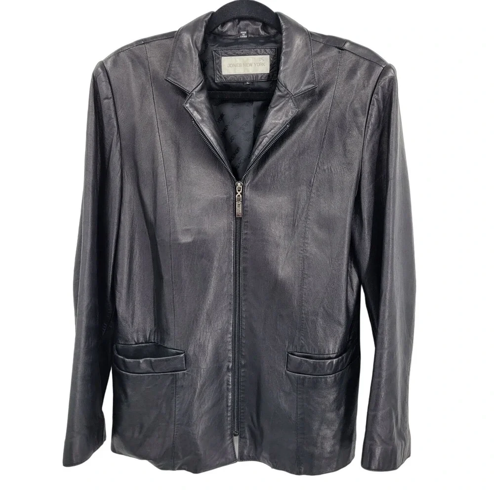Vtg 90s Jones New York Buttery Leather Moto Blazer Jacket Coat L Black Zip Up‎